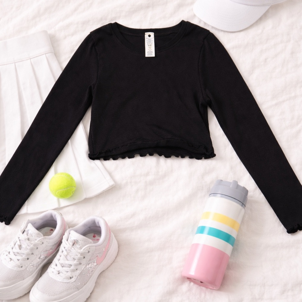 Yogalicious Girls Ribbed Long Sleeve Crop Top – Black (Size M 10)